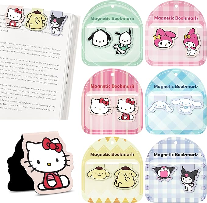 12Pcs Cute Magnetic Bookmarks Kawaii Cartoon Anime Kitty Melody Cinnamon Book Markers Page Clips School Office Stationery Supplies Gift for Kids Students Reading Lovers Bookworm Reader