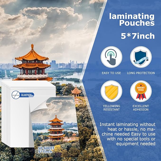 50 Sheets Self Seal Laminating Pouches 5x7 Self Adhesive Laminating Sheet No Heat No Laminating Machine Needed for Photos Index Cards