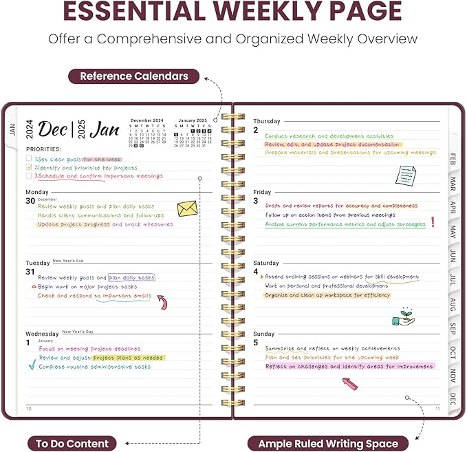 2025 Planner Weekly and Monthly, Jan 2025 - Dec 2025, Hardcover 2025 Calendar Planner Book with Monthly Tabs, Inner Pocket, Aesthetic Planner 2025 for Office Home School Planning - A5 (6.3" x 8.5"), Spiral Bound, Wine Red