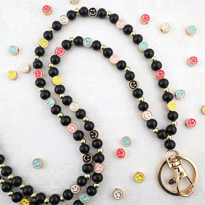 Smile Teacher Lanyard for Women ID Badges and Keychain Cute Happy Wood and Metal Beaded Lanyard Badge Holder