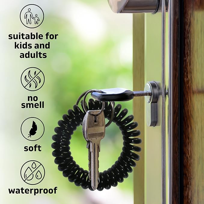 25PCS Keychain Wristlet Wrist Keychain Wristband Elastic Stretchable Spiral Bracelet Key Hook Key Holder for Gym Pool Spring Spiral Coil Black