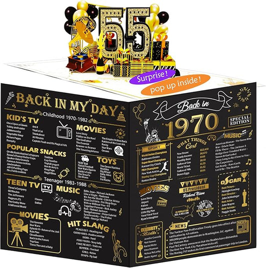 55th Birthday Card for Men Women, 3D Pop Up 55th Birthday Gifts Cards for Him Her, Back In 1970 Funny 55 Year Old Birthday Decorations