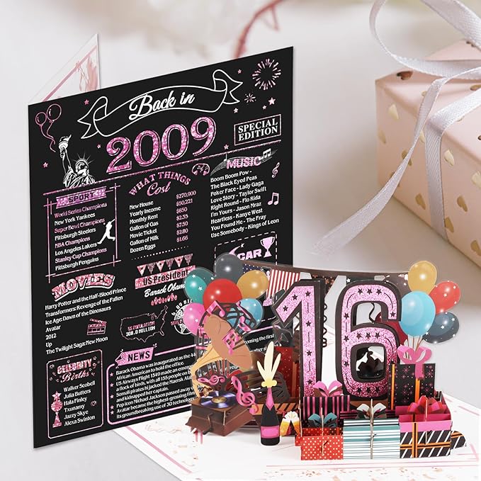 16th Birthday Card for Girls Her, Jumbo 3D Pop Up Sweet 16th Birthday Gifts Cards, Back In 2009 Happy 16 Year Old Birthday Decorations Cards Card for Daughter Granddaughter, Rose Gold