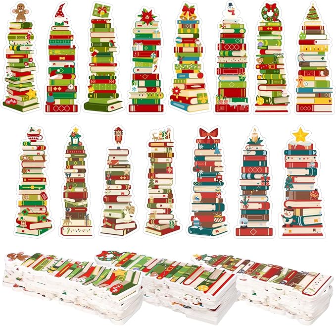 150 Pcs Book Tracker Bookmarks Bulk 6.3 x 1.97 Inch Bookshelf Design Bookmarks Paper Book Tracking Bookmark Double Sided Reading Page Markers for Book Lovers Students School (Christmas)