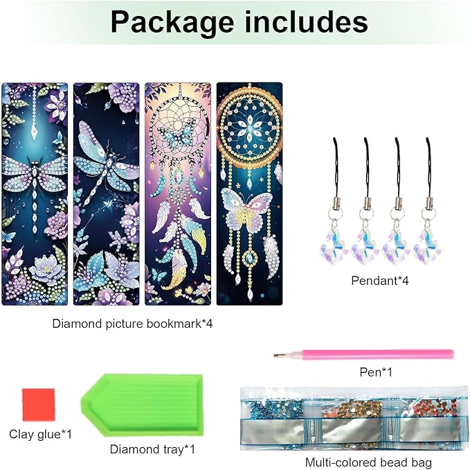 4 Pieces Dream Catcher Diamond Art Bookmarks Dragonfly Butterfly 5D Diamond Art Bookmark Tassel Beaded Book Mark for Graduation Birthday Reading Present DIY Making Beginners Adults Arts Craft Supplies