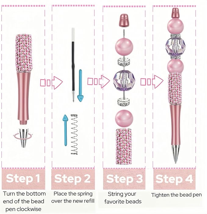 24Pcs Pearl & Diamond Beadable Pens bulk Multicolor Retractable Writing Pens Plastic Black Ink Bead Pens Ballpoint Pens Pen Making Kit DIY Pens