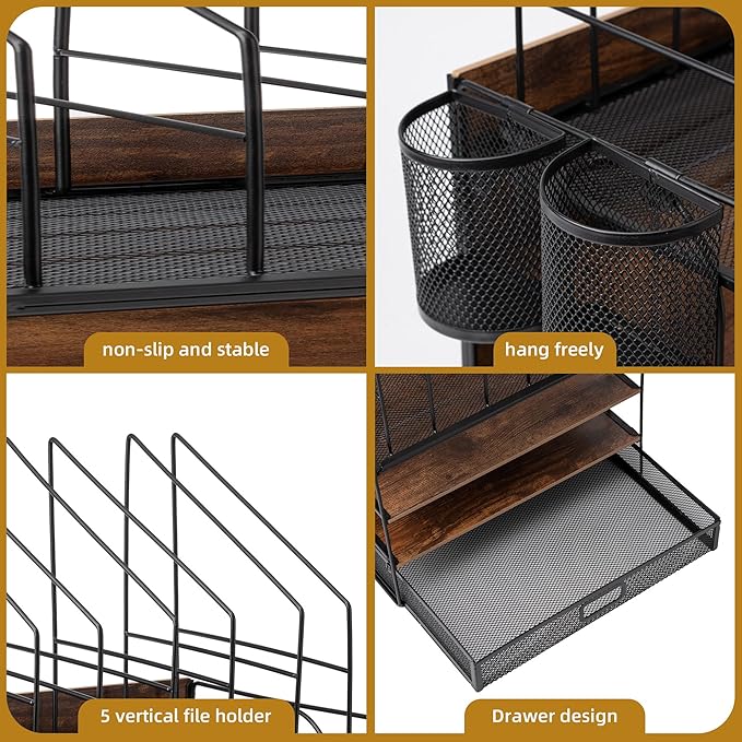 4 Tier Desk Organizers and Accessories, Paper Letter Tray Organizer,Vintage Wood Desk File Organizer with 5 Vertical File Holders and 2 Pen Holders for School Home Office Supplies