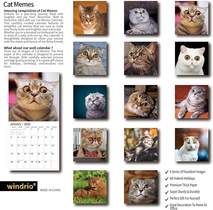 2025 Wall Calendar,Funny Calendar 2025, November 2024 - December 2025, Wall Calendar Funny Animal Memes, 12" x 24" Opened, Full Page 14 Months Thick Paper for Gift Calendar Organizing Planning
