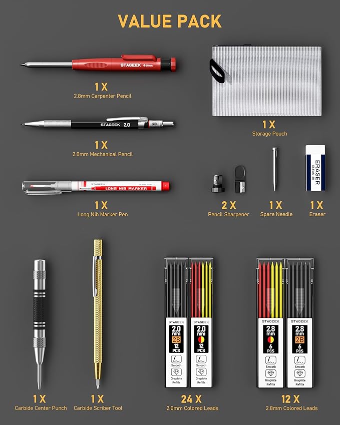 14 Pack Mechanical Carpenter Pencil Set with Sharpener 38 Refills, Automatic Center Punch, Carbide Scribe Tool, Eraser and Deep Hole Marker Pen, Heavy Duty Construction Pencil for Architect-With Pouch