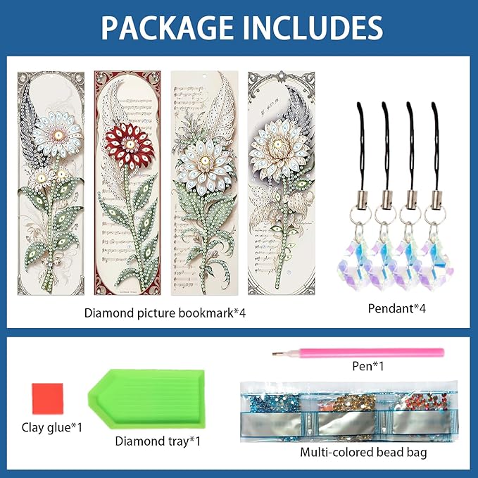 4-Piece 5D Diamond Painting Floral Bookmarks Set, DIY Craft Kit with Colorful Rhinestones, Flower Design Diamond Art Craft Bookmarks with Tassels, Ideal for Adults, Great Gift for Book Lovers