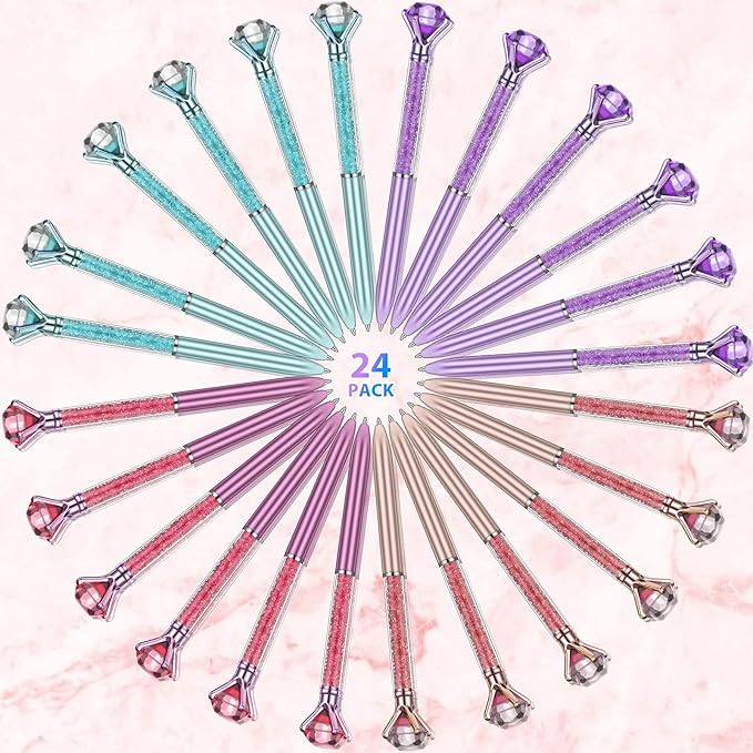 24 Pieces Big Crystal Diamond Pens Bling Ballpoint Pen Black Ink Rhinestones Pen for School Office Supplies Christmas Wedding Birthday Present, 4 Colors(Glitter Style)