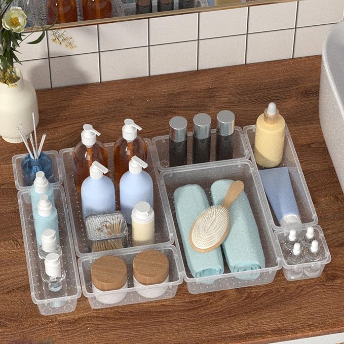 63 PCS Clear Plastic Drawer Organizers Set, 4-Size Versatile Bathroom and Vanity Organizer Trays, Non-Slip Storage Containers for Makeup, Jewelries, Bedroom，Kitchen Utensils and Office