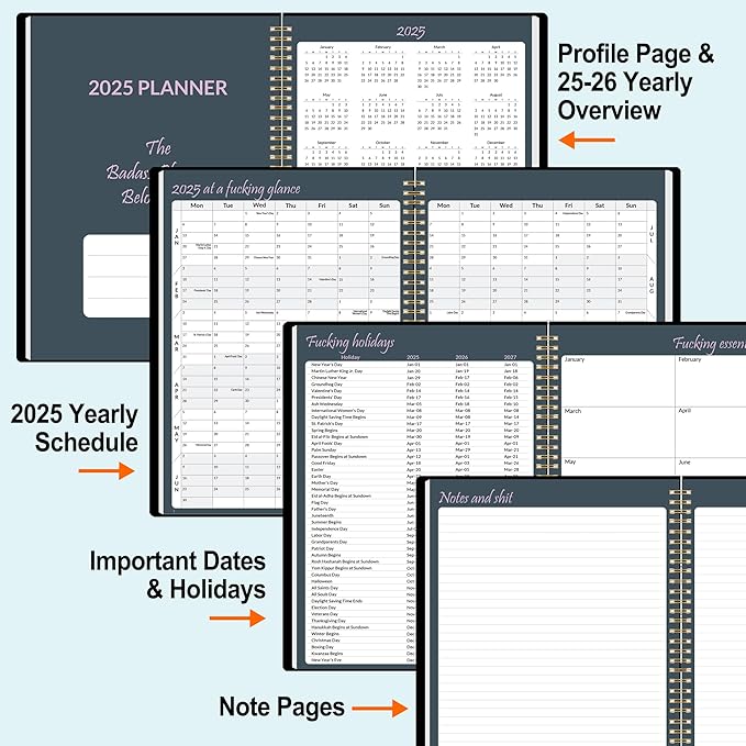 2025 Fuck It Planner for Tired-Ass Women, 8.5" x 11", 12 Months Funny Weekly Organizer With Sweary and Badass Affirmation, White Elephant Gifts for Adults Funny, JAN - DEC 2025, Black