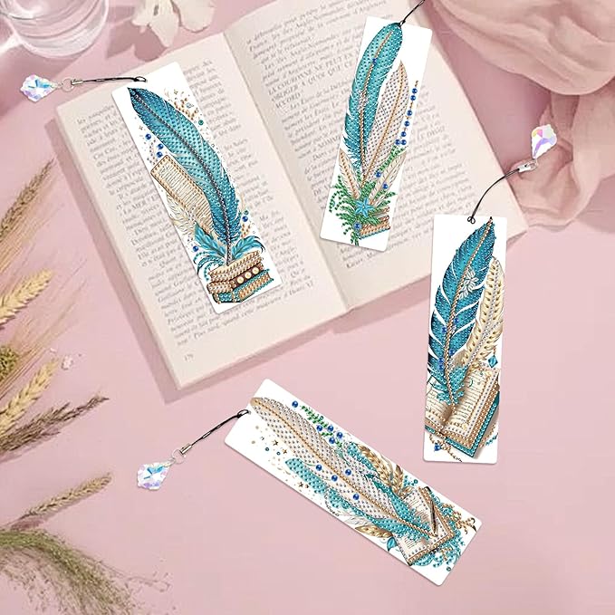 4-Piece 5D Diamond Painting Bookmarks Set, DIY Craft Kit with Rhinestones – Creative Artistic Peacock Feather Design, Diamond Art Craft Bookmarks with Tassels for Adults, Perfect for Gifts