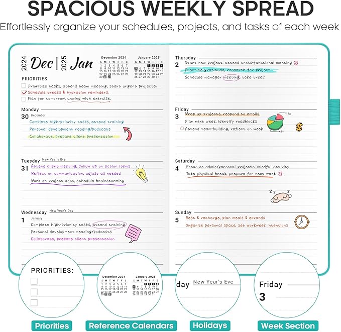 2025 Planner - Weekly and Monthly Planner, January 2025 to December 2025, Hardcover 2025 Calendar Planner Book, Inner Pocket, Perfect for Office Home School Supplies - A5 (5.8" x 8.4"), Aquamarine