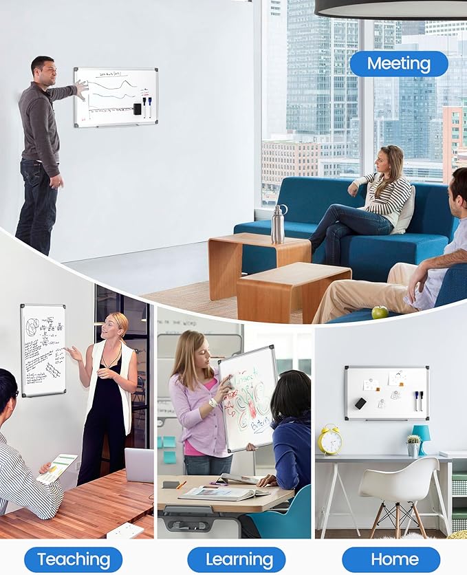 VUSIGN 6PCS Magnetic White Board Kit for Wall 18" x 12", 6 Dry Eraser & 12 Multicolor Markers & 24 Magnetic Pins, Sliver Reinforced Aluminum Frame for Home, School, Office