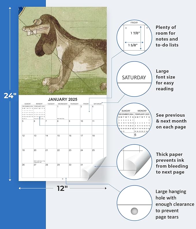 2025 History's Oddest Dog Art Monthly Wall Calendar - Ugly Dog Paintings through the Ages | 12" x 24" | Thick Sturdy Paper | White Elephant or Gag Gift Funny Calendar 2024-2025