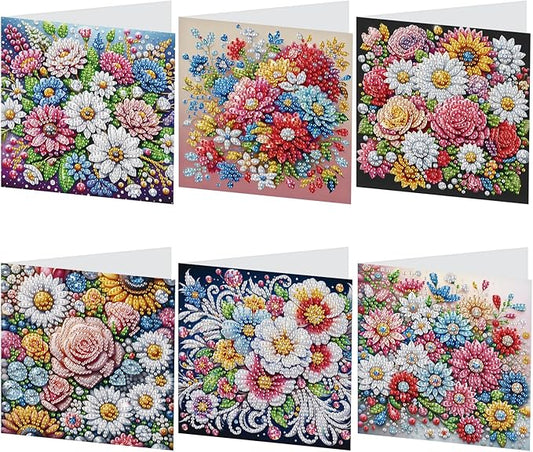 6 pcs Diamond Art Painting Greeting Card Kits - Beautiful Floral Design with Fine Glitter, 5D DIY Creative Special Shaped Diamonds Greeting Cards for Birthday Holiday Congratulations Crafts Gifts