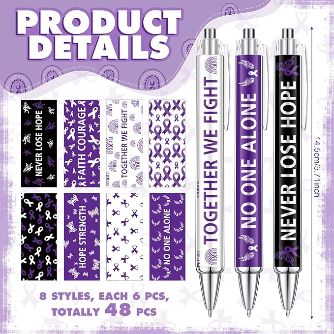48 Pcs Purple Ribbon Awareness Pens Cancer Awareness Ballpoint Pens Bulk Faith Courage Hope Strength Health Awareness Favor Gifts for Animal Abuse, Alzheimer's, Lupus and Pancreatic Cancer