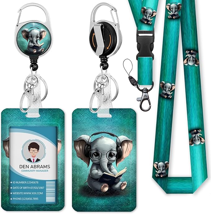 Lanyards for Id Badges, Cute Elephant Badge Holder with Retractable Heavy Duty Reel Belt Clip, Work Card Name Tag Lanyard Vertical ID Card Protector for Women Nurse Doctor Teacher Student