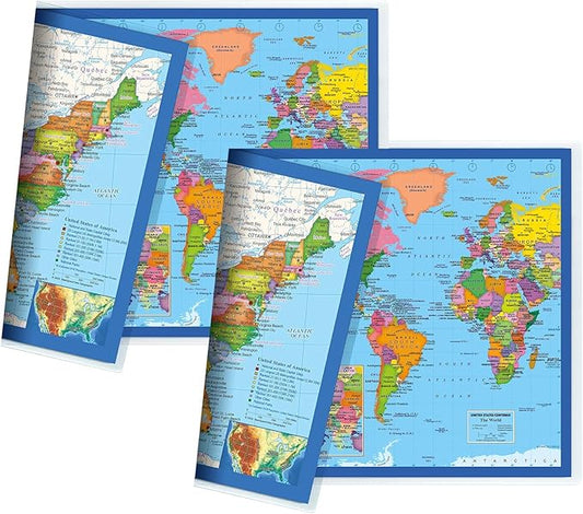 2-Sided Desk Map with Durable Lamination (2 Desk Maps: US Map/US Centered World Map)
