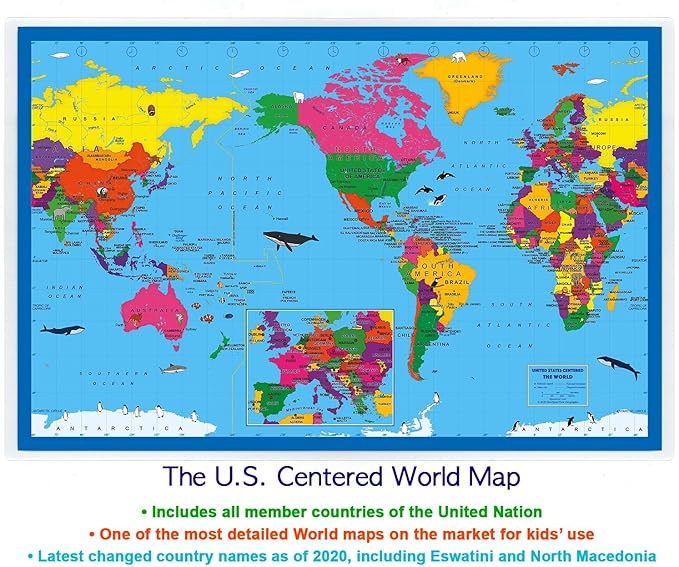 2-Sided Desk Map with Durable Lamination (2 Children's Desk Maps: One US/US Centered World Map; One US/Europe Centered World Map)