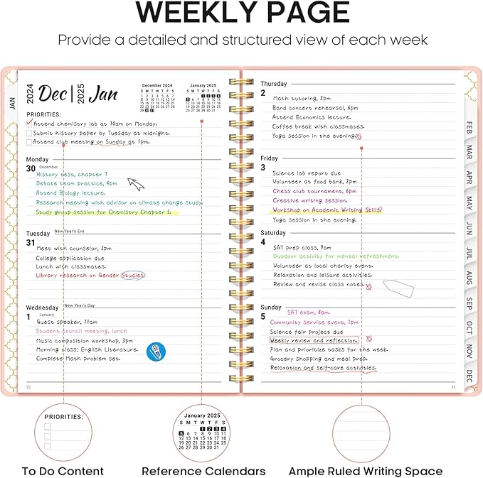 2025 Planner - Weekly and Monthly Planner Spiral Bound, January 2025 - December 2025, Hardcover 2025 Calendar Planner Book with Tabs, Inner Pocket, Perfect for Office Home School Supplies - A5 (6.3" x 8.5"), Pink