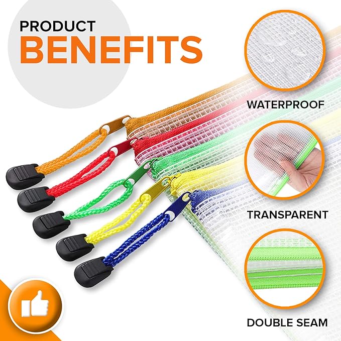 5 Pack Mesh Zipper Pouch Bags 10x14 inch - Plastic Zipper Pouches for Organizing - Document Bags With Zippered - Letter Size Zippered Pouch - Document Pouches