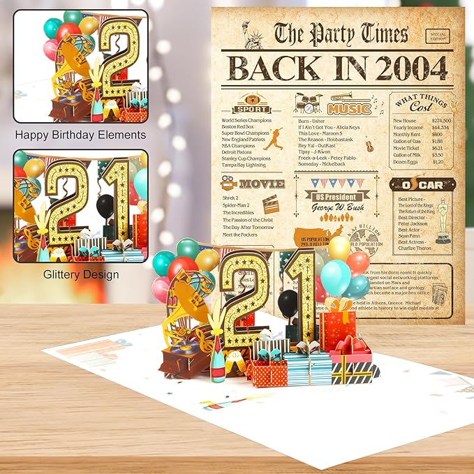 21st Birthday Card for Girls Boys, 3D Pop Up 21st Birthday Gifts Cards, Happy 21 Birthdays Decorations for 21 Year Old Son Daughter, Funny Back In 2004, Classy Vintage