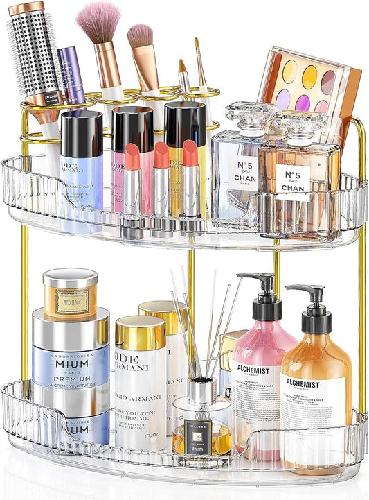 2-Tier Corner Bathroom Counter Organizer Makeup Cosmetic Storage, Tool-Free Installation Acrylic Vanity Shelf, Skin Care Organizer Perfume Tray for Countertop Bathroom, Dresser, Kitchen (Clear)