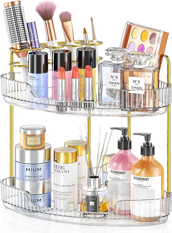 2-Tier Corner Bathroom Counter Organizer Makeup Cosmetic Storage, Tool-Free Installation Acrylic Vanity Shelf, Skin Care Organizer Perfume Tray for Countertop Bathroom, Dresser, Kitchen (Clear)