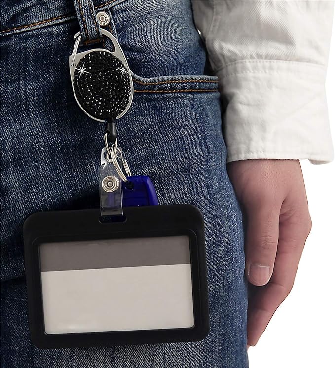 VIQWYIC 2 Pack Retractable ID Badge Holder with Clip, ID Name Badge Reels with Bling Rhinestones Retractable Card Holder for Office Worker Teacher Doctor Nurse(Black&Silver)