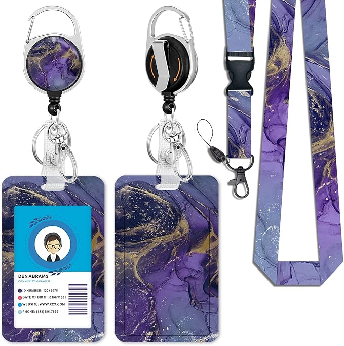 ID Badge Holder with Breakaway Lanyard, Retractable Badge Reel Name Tag, Cute Funny Purple Marble Lanyards for ID Badges Ajustable, Teacher Nurse Work Office Gifts