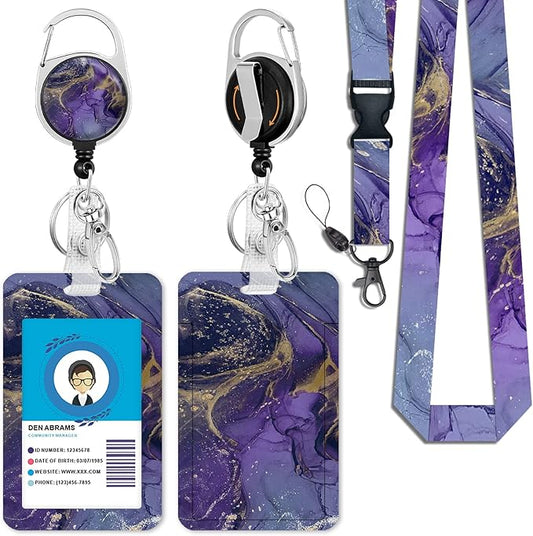 ID Badge Holder with Breakaway Lanyard, Retractable Badge Reel Name Tag, Cute Funny Purple Marble Lanyards for ID Badges Ajustable, Teacher Nurse Work Office Gifts