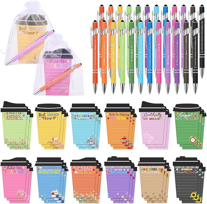 36 Set Teacher Appreciation Gifts Bulk Team - 36 Coffee Cup Notepad+ 36 Ballpoint Pens+ 36 Drawstring Gift Bags, Bulk Gifts for School Office Christmas Teacher's Day Coworker Nurse Employee