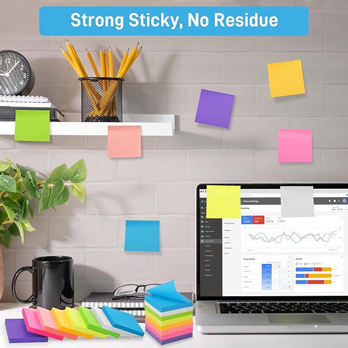 12 Pack Sticky Notes 3x3 Inches, 8 Bright Colors Self-Stick Notes, Strong Adhesive Sticky Memo Pads forHome Office School, 100 Sheets/Pad
