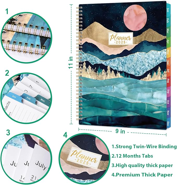 2025 Planner - 9" x 11" Planner Weekly and Monthly 2025, Jan 2025 - Dec 2025,12 Monthly Colorful Tabs, Elastic Closure, Back Pocket - Green Marble