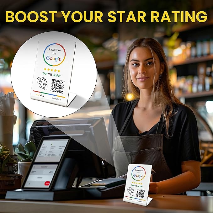 Tap Google Review Stands (3-Pack) Tap for Instant Reviews - All Phones Compatible - Reusable Smart Tap NFC & QR - Boost Business Reviews Zappy Fast - Powered (White, 3 Stands)