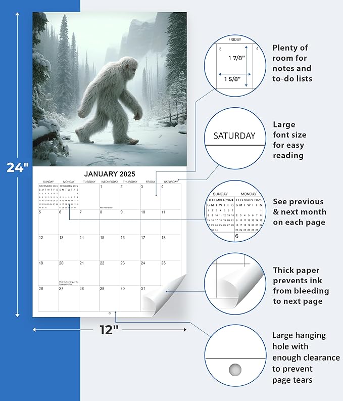 2025 Cryptids Monthly Wall Calendar - Illustrations of Bigfoot, Loch Ness Monster and Other Cryptids | 12" x 24" | Thick Sturdy Paper | Cryptozoology Calendar 2024-2025