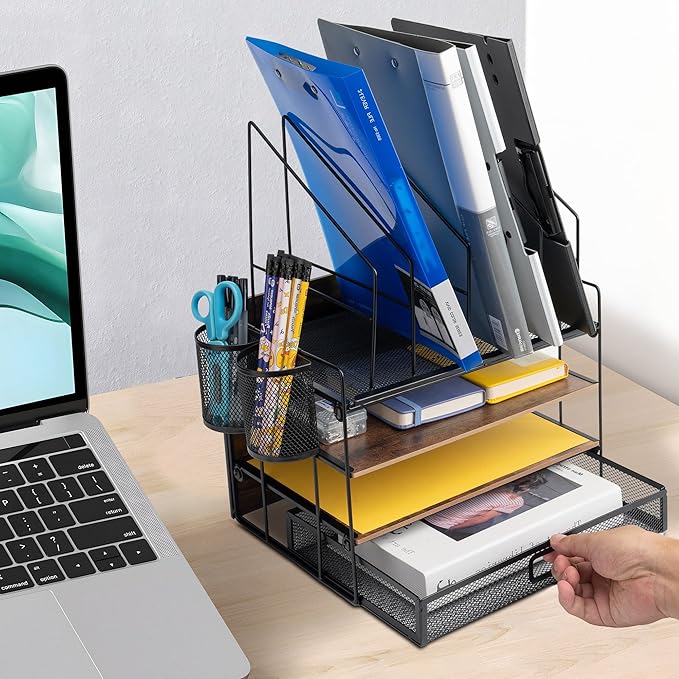 4 Tier Desk Organizers and Accessories, Paper Letter Tray Organizer,Vintage Wood Desk File Organizer with 5 Vertical File Holders and 2 Pen Holders for School Home Office Supplies