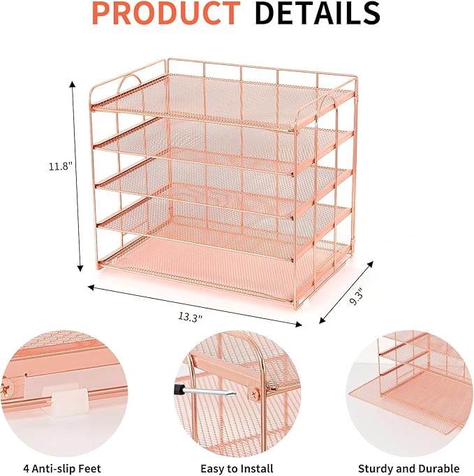 5 Tier Mesh Paper Letter Tray Organizer, Desktop Office Supplies Organizer for Desk, Desk Organizers and Accessories (Rose Gold)