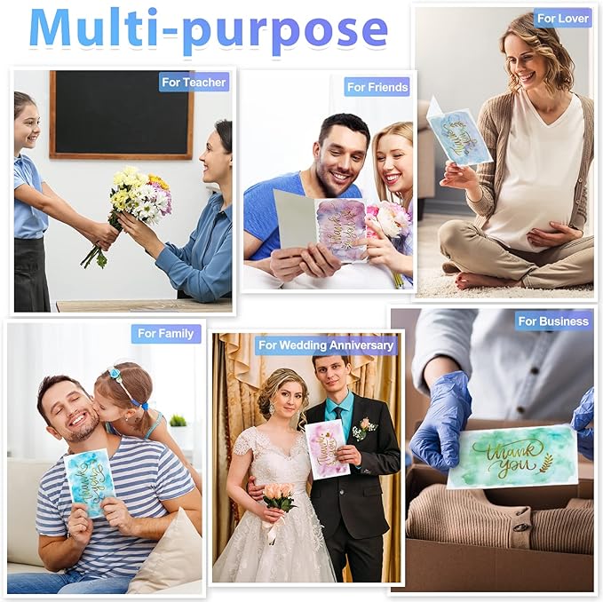 24 Pack Watercolor Thank You Cards with 24 Envelopes 24 Stickers 6 Designs Gold Letter Greeting Note Cards Thank You Notes Round Envelope Seal Stickers for Wedding Graduation(Cute Style)