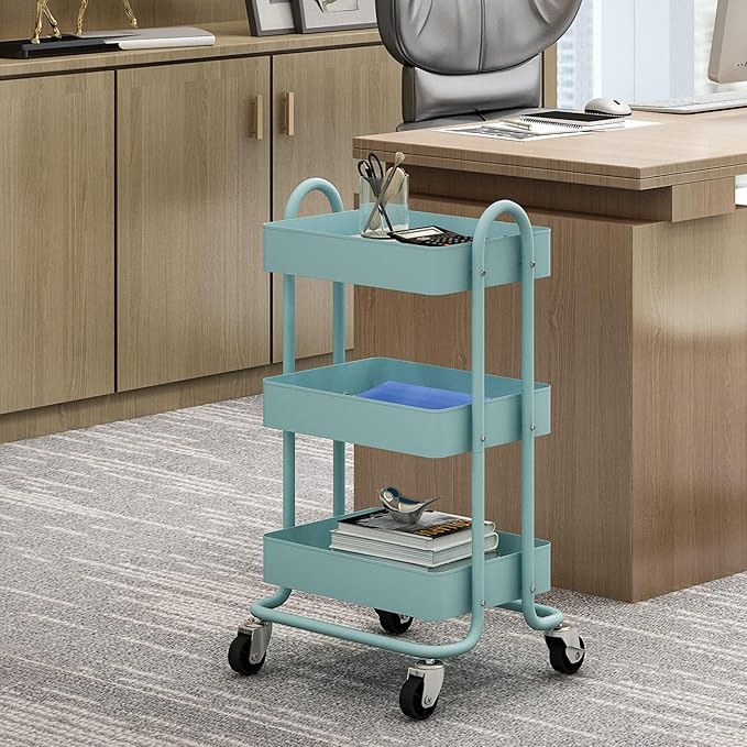 3-Tier Rolling Cart with Wheels,Kitchen Storage Carts or Metal Rolling Utility Cart with Handle,Movable Storage Organizer,Blue Carts for Nursery, Kitchen, Bathroom, Craft Room（13.4"x18.1"x31"）