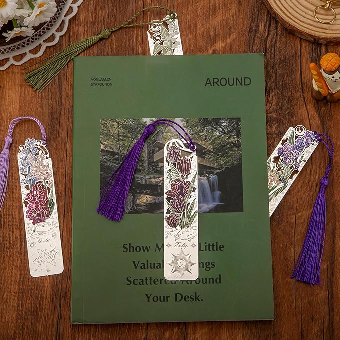 4 PCS Metal Bookmarks with Tassel, Iris, Violet, Tulip, Lily of The Valley Bookmark, Pretty Bookmarks for Women, Very Beautiful Bookmark, Metal Bookmarks Gifts, Graduation Gift(062-2)