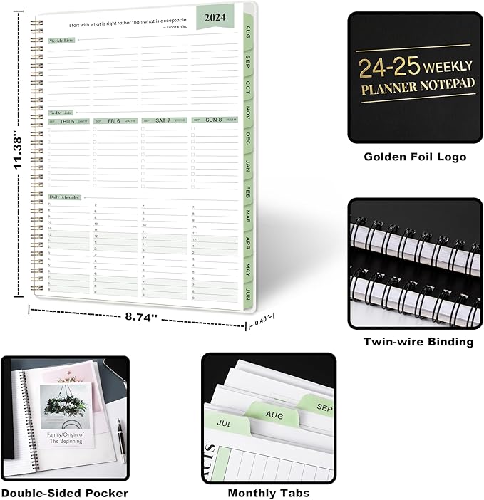 2024-2025 Planner - Weekly & Monthly Planner Notepad, 11.38'' x 8.74'', JUL 2024 - JUN 2025, Appointment Book, 60 Minutes Intervals, Monthly Tabs, Sturdy Cover, Spiral Bound, Back Pockets - Black