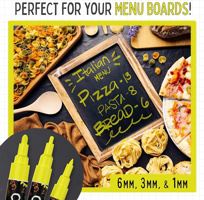 5 Yellow Chalkboard Chalk Markers - Yellow Dry Erase Markers for Blackboard, Chalkboard Signs, Windows, Glass | Variety Pack - Fine & Jumbo Size Ink Pen (1mm, 3mm, 6mm, 10mm, 15mm)