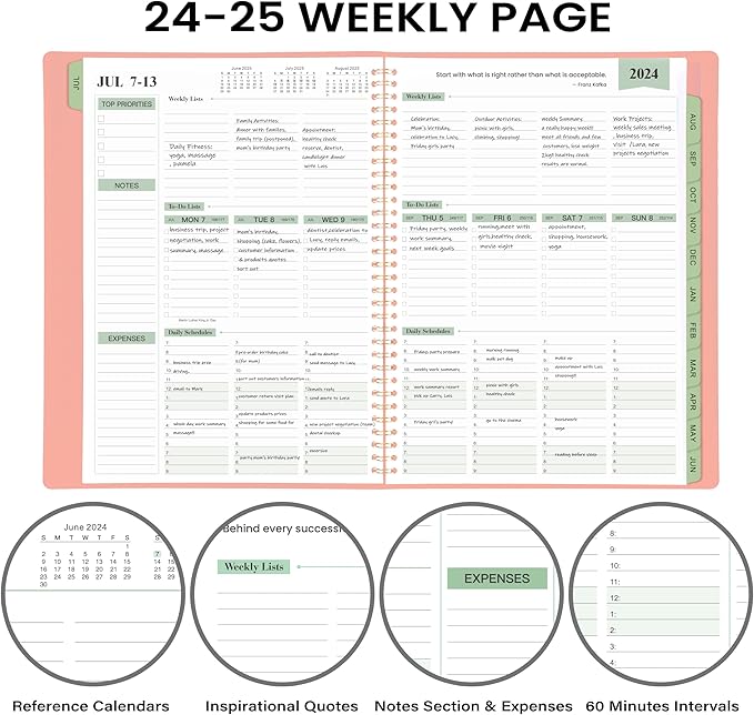 2024-2025 Planner -11.38'' x 8.74'', Weekly & Monthly Planner Notepad, From JUL.2024 - JUN.2025, Appointment Book, 60 Minutes Interval, Monthly Tabs, Faux Soft Leather, Spiral Bound - Rose Golden