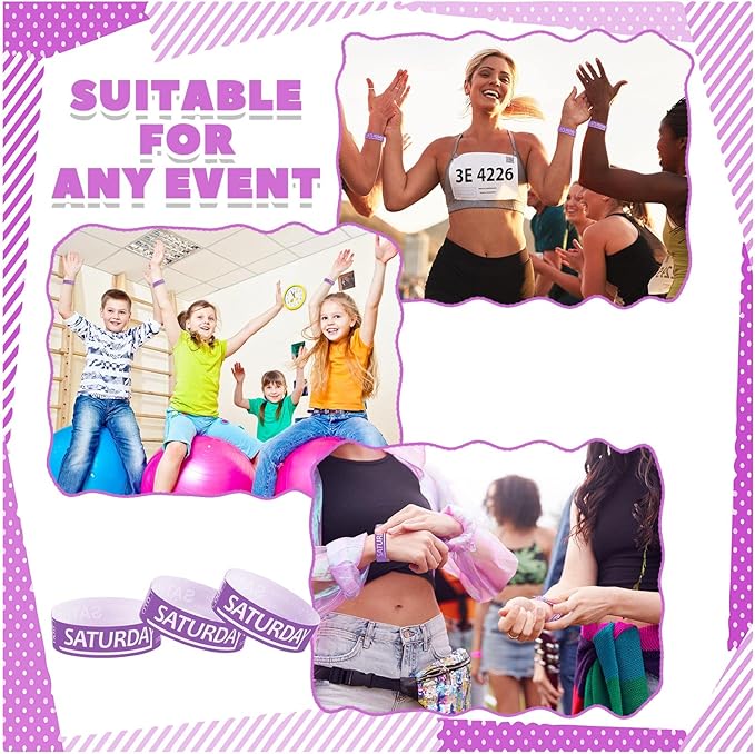 Henoyso 600 Pcs Saturday Paper Wristbands Event Wristbands Paper Bracelets Wristbands Numbered Waterproof Party Wristbands for Events Day of The Week(Purple)