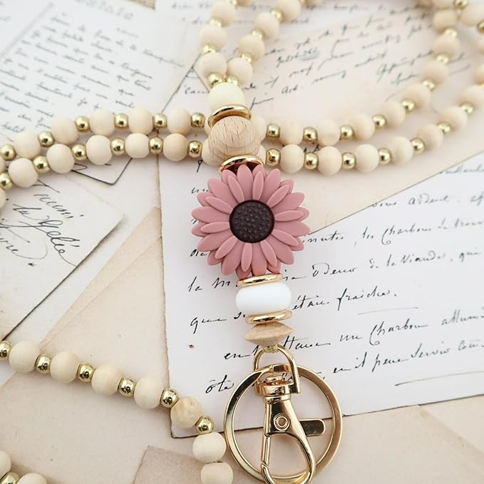 Wooden Teacher Lanyards for Id Badge Cute Flower Wood and Gold Beaded Lanyards for Women for Nurse Badge