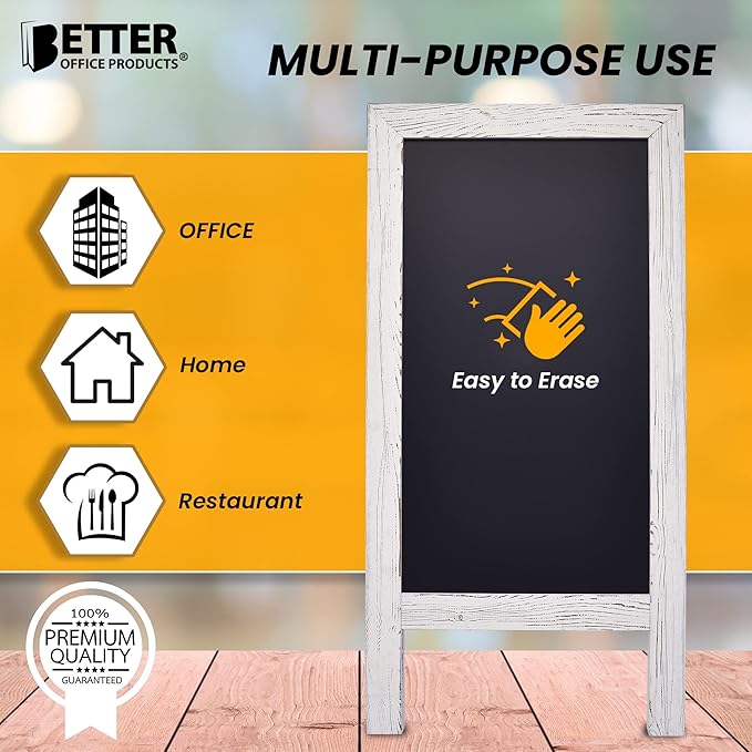 Better Office Products Magnetic A-Frame Chalkboard Sign, Extra Large 20" x 40", Standing Chalkboard Easel, Deluxe Set with Multiple Accessories, Outdoor Sidewalk Sandwich Board Sign,(Whitewash)
